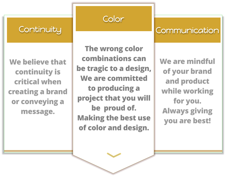 Communication Continuity Color We believe that continuity is critical when creating a brand or conveying a message.   We are mindful of your brand and product while working for you. Always giving you are best! The wrong color combinations can be tragic to a design, We are committed to producing a project that you will be  proud of. Making the best use of color and design. Color Communication Continuity